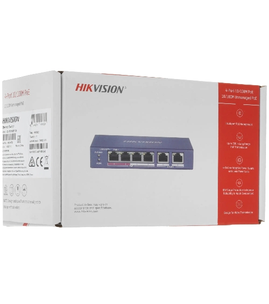 Коммутатор Hikvision DS-3E0106P-E/M(B), 4×100 Мбит/с PoE + 2×100 Мбит/с, неуправляемый