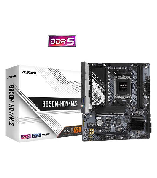 Материнская плата ASRock B650M-HDV/M.2, AM5, AMD B650, 2xDDR5, 4xSATA, 2xM.2, 1xPCIe 4.0 x16, 1xPCIe 4.0 x4, 1xPCIe 3.0 x1, 1xDP, 1xHDMI, 1x2.5Gb LAN, 1xUSB-C 5Gbps, 2xUSB-A 5Gbps, 4xUSB-A 2.0, 3x3.5 мм, 7.1, mATX