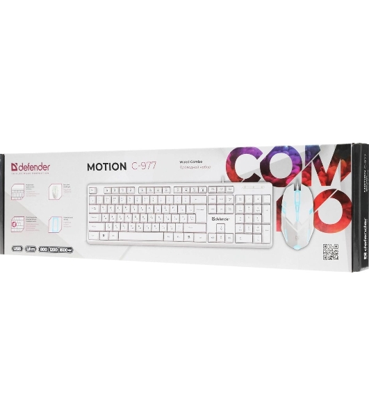 Комплект клавиатура+мышь Defender Motion C-977 проводной, USB, 1600 DPI, белый