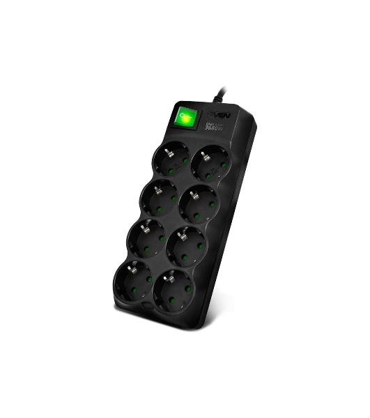 Сетевой фильтр SVEN SF-08E-16 (1,8 м 8 розеток с защитными шторками,16А) черный, цветная коробка