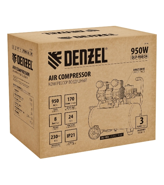 Компрессор безмасл. малошумный Denzel DLP-950/24, 950 Вт, 24 л, 2850 об/мин, 170 л/мин