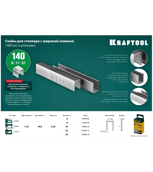 Скобы для степлера KRAFTOOL 14 мм широкие тип 140, 1000 шт
