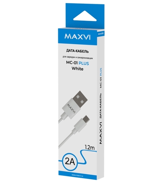 Кабель Maxvi MC-01 plus white USB-A - microUSB, 2A ток макс. нагрузки 2А, макс. напряжение 5V; стандарт USB 2.0; длина 1.2м, материал PVC, белый