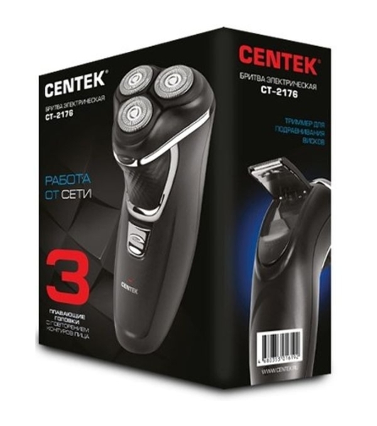 Электробритва Centek CT-2176 черный/хром ротор, 3 плавающие головки, аккумулятор + работа от сети, триммер