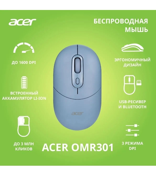 Мышь беспроводная Acer OMR301 синий, 1600 dpi, радиоканал, Bluetooth, USB, кнопки - 4