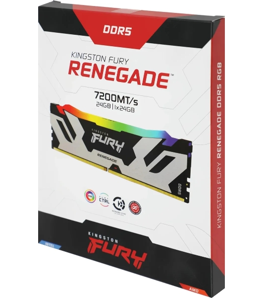 Оперативная память Kingston Fury Renegade RGB, DDR5, 24GB (1x24 GB), 7200 MHz, CL38, радиатор, RGB, серебристый