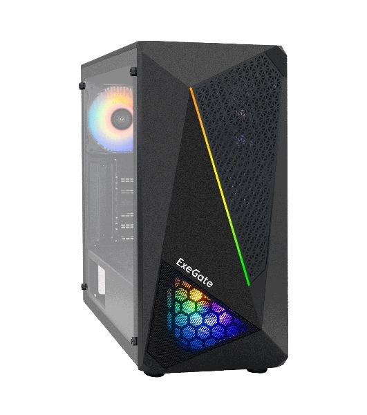 Компьютерный корпус Miditower ExeGate EVO-8225-EVO800 (ATX, БП EVO800RGb с вент. 12см, 2хUSB+1хUSB 3.0, черный, 2 вент. с RGb подсветкой и полоса на передней панели, боковая панель - закаленное стекло)
