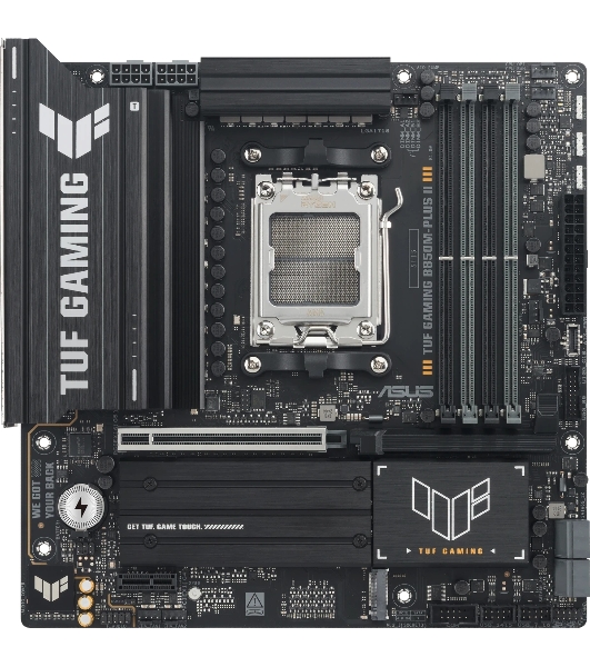 Материнская плата ASUS TUF GAMING B850M-PLUS II, AM5, AMD B850, 4xDDR5, 4xSATA, 3xM.2, 1xPCIe 5.0 x16, 1xPCIe 4.0 x1, 1xHDMI, 1xDP, 1x2.5Gb LAN, 1xUSB-C 20Gbps, 3xUSB-A 10Gbps, 4xUSB-A 5Gbps, 4xUSB-A 2.0, 3x3.5 мм, 7.1, mATX