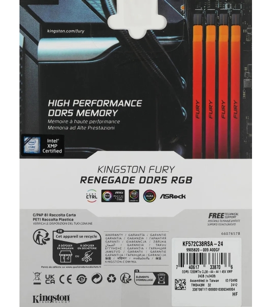 Оперативная память Kingston Fury Renegade RGB, DDR5, 24GB (1x24 GB), 7200 MHz, CL38, радиатор, RGB, серебристый