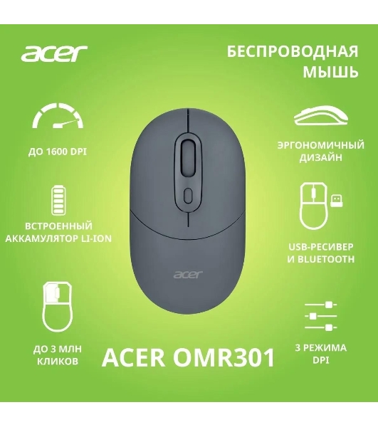 Мышь беспроводная Acer OMR301 черный, 1600 dpi, радиоканал, Bluetooth, USB, кнопки - 4