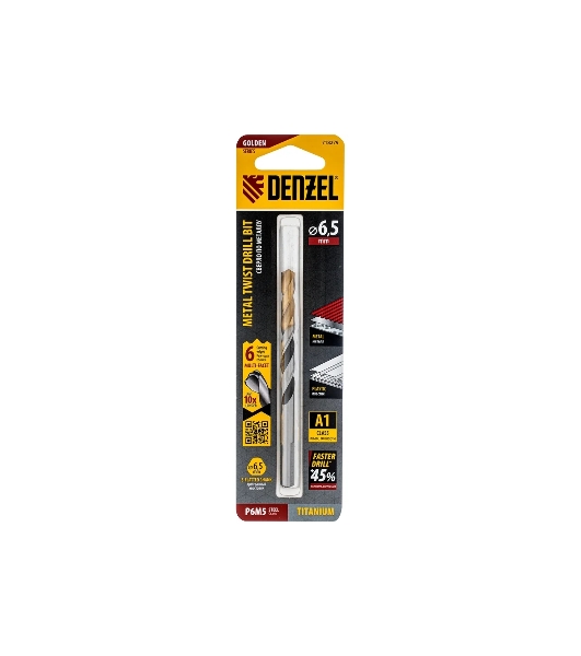 Сверло спиральное по металлу Denzel 6,5 x 93мм, Р6М5, Golden Tip, многогранная заточка