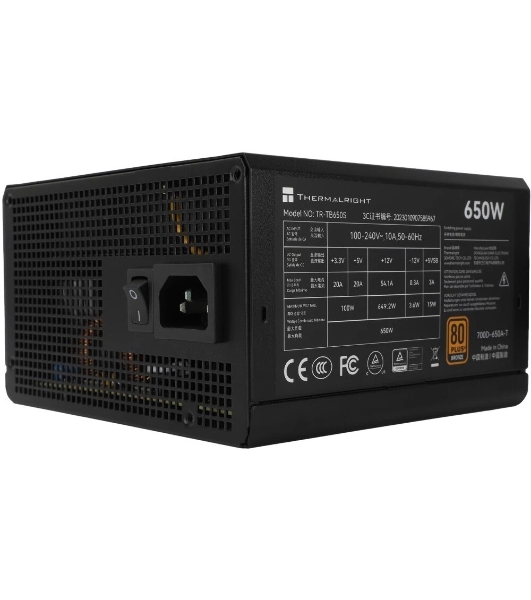 Блок питания Thermalright TR-TB650S 650W 80 PLUS Bronze, (ATX, 3, Non-modular, 1x24(20+4)pin 550мм, 1xCPU*2 8(4+4)pin 600+150мм, 1xPCIe*2 8(6+2)pin 500+150мм, 1xSATA*3+MOLEX4pin*1 400+150+150+150мм, 1xSATA*2+MOLEX4pin*2 400+150+150+150мм, Active, 120x120мм, 150x140x86мм, APFC, )