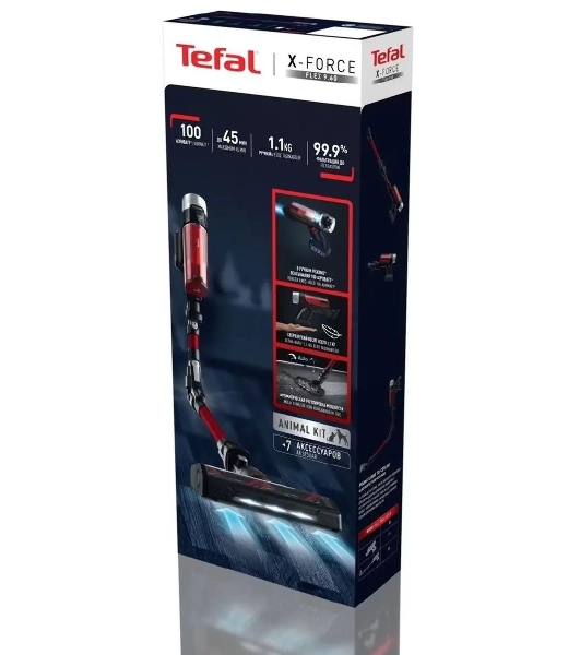 Пылесос вертикальный Tefal X-Force Flex TY2079WO черный/красный, питание от аккумулятора, 100 Вт, уборка сухая, пылесборник 0.4 л