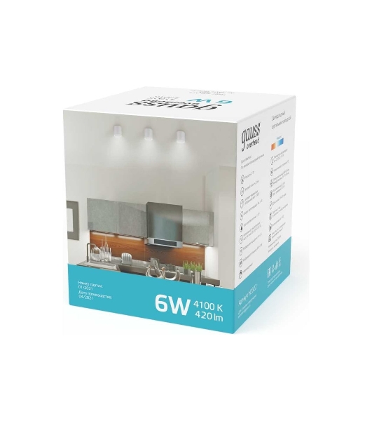 Светильник Gauss Overhead накл цил 6W 420lm 4100K 170-240V IP20 68x75мм белый с расс LED