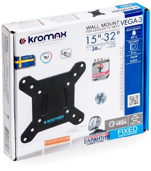 Кронштейн для телевизора Kromax VEGA-3 new черный 15'-32' макс.20кг настенный фиксированный