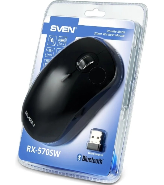 Мышь беспроводная SVEN RX-570SW черный, 1600 dpi, радиоканал, Bluetooth, USB, кнопки - 4