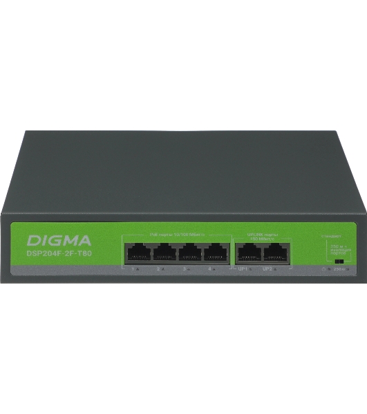 Коммутатор Digma DSP204F-2F-T80, 6×100 Мбит/с, неуправляемый