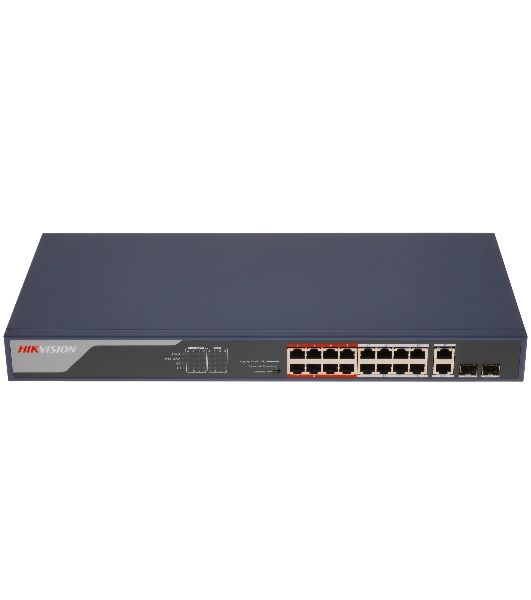 Коммутатор Hikvision DS-3E0318P-E(B), 16×1 Гбит/с PoE + 2×1 Гбит/с, неуправляемый