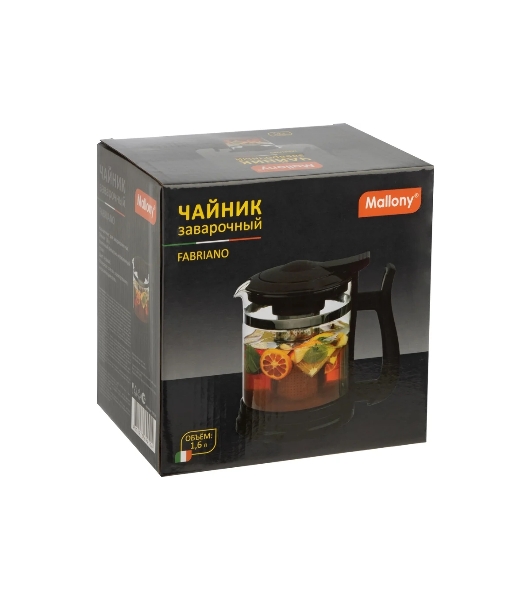Чайник заварочный MALLONY Fabriano, объем 1,6 л, стеклянный, ручка/крышка/дно из полипропилена, черный (910130)