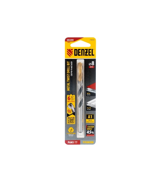 Сверло спиральное по металлу Denzel 8 x 117мм, Р6М5, Golden Tip, многогранная заточка