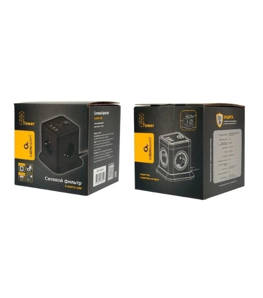 Сетевой фильтр Cablexpert Tower TWR-4-U3-B-2, 4 р, 10А, 3xUSB, 3.1А, 2 м, ур.защиты 2+, черный, коробка