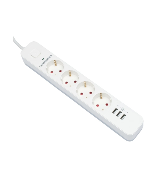 Сетевой фильтр Гарнизон 2.0 Мультипорт EPS-4-U3-W-4, 4 р, 10А, 3xUSB, 4 м, ур.защиты 2+, белый, пакет