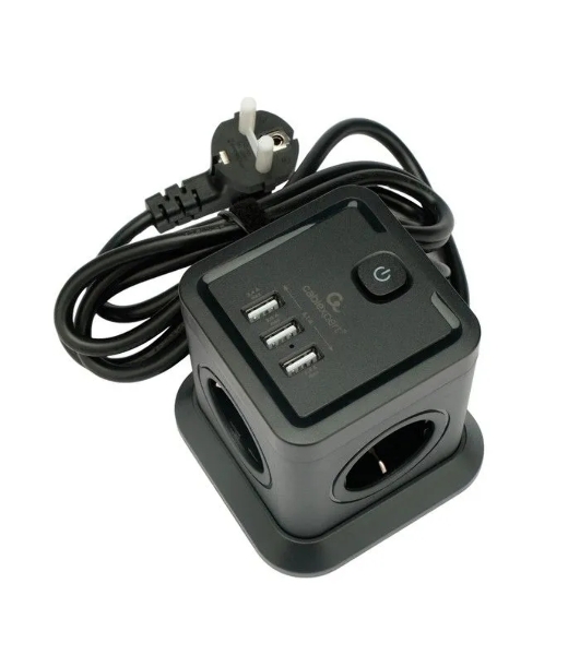 Сетевой фильтр Cablexpert Tower TWR-4-U3-B-2, 4 р, 10А, 3xUSB, 3.1А, 2 м, ур.защиты 2+, черный, коробка