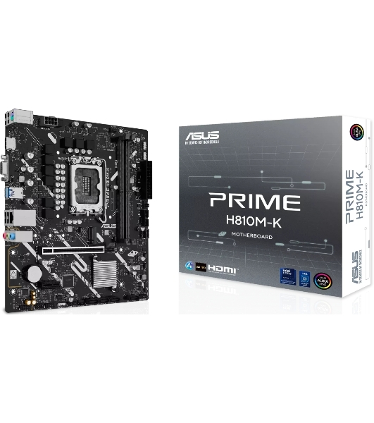 Материнская плата ASUS PRIME H810M-K, LGA 1851, Intel H810, 2xDDR5, 4xSATA, 1xM.2, 1xPCIe 4.0 x16, 1xPCIe 3.0 x1, 1xVGA, 1xHDMI, 1x1Gb LAN, 2xUSB-A 5Gbps, 4xUSB-A 2.0, 3x3.5 мм, 7.1, mATX