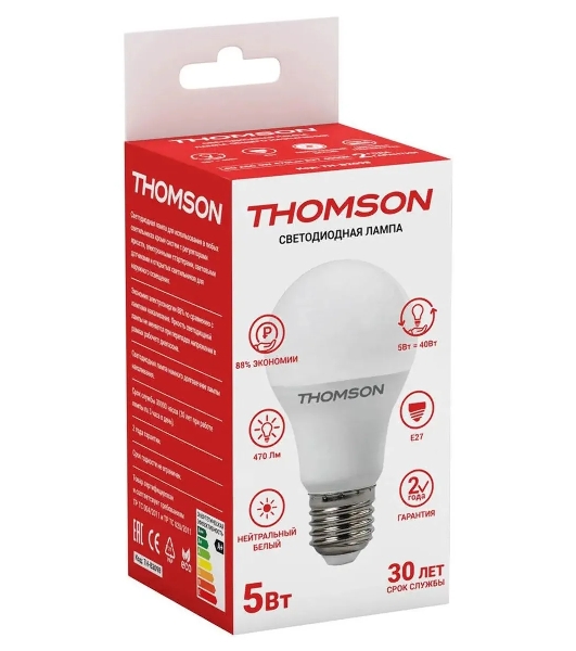 Лампа cветодиодная LED Thomson TH-B2098 E27, груша, 5Вт, 4000К, белый нейтральный, 1 шт.