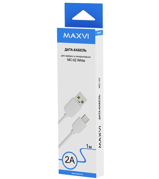 Кабель Maxvi MC-02 white USB-A - Type-C ток макс. нагрузки 2А, макс. напряжение 5V, длина кабеля 1м, материал PVC, белый