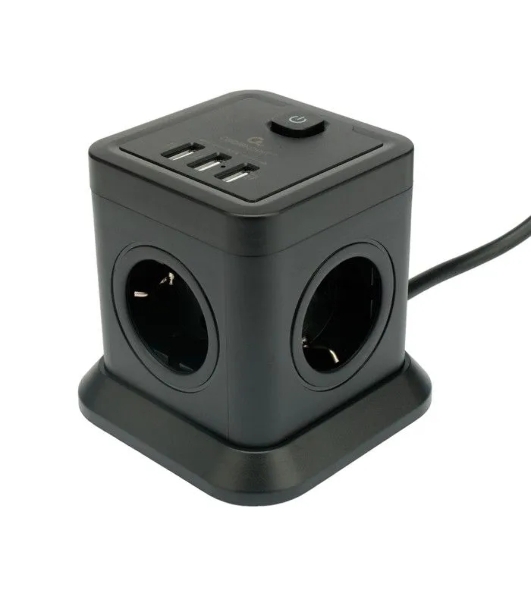 Сетевой фильтр Cablexpert Tower TWR-4-U3-B-2, 4 р, 10А, 3xUSB, 3.1А, 2 м, ур.защиты 2+, черный, коробка