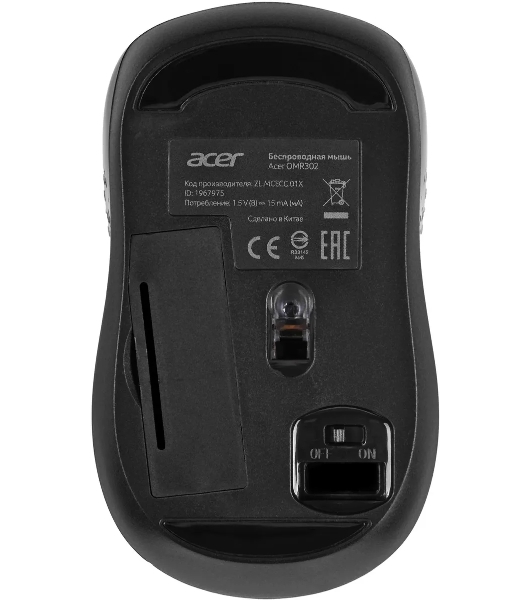 Мышь беспроводная Acer OMR302 черный, 1200 dpi, радиоканал, USB, кнопки - 3