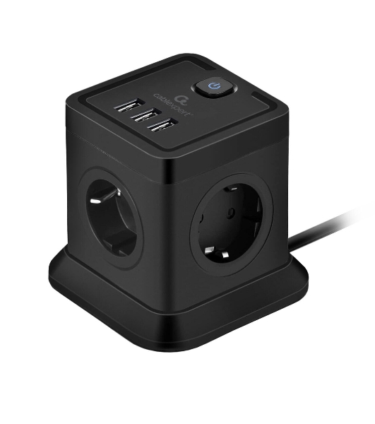 Сетевой фильтр Cablexpert Tower TWR-4-U3-B-2, 4 р, 10А, 3xUSB, 3.1А, 2 м, ур.защиты 2+, черный, коробка