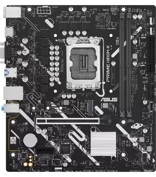 Материнская плата ASUS PRIME H810M-K, LGA 1851, Intel H810, 2xDDR5, 4xSATA, 1xM.2, 1xPCIe 4.0 x16, 1xPCIe 3.0 x1, 1xVGA, 1xHDMI, 1x1Gb LAN, 2xUSB-A 5Gbps, 4xUSB-A 2.0, 3x3.5 мм, 7.1, mATX