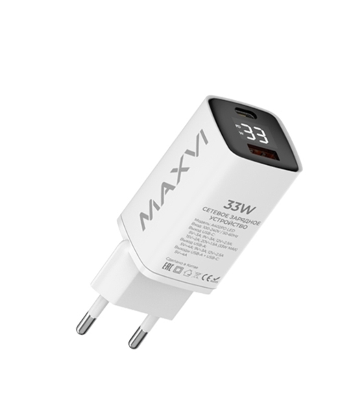 Сетевое зарядное устройство Maxvi A402PD LED 33W, 1xUSB-A, 1xUSB-C, белый