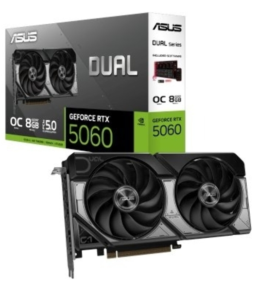 Видеокарта ASUS DUAL-RTX5060-O8G, NVIDIA GeForce RTX 5060, 8 ГБ GDDR7, 128 бит, PCI-e 5.0, 1xHDMI, 3xDP, 2565 МГц