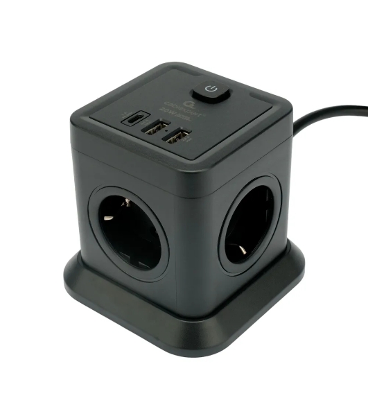 Сетевой фильтр Cablexpert Tower TWR-4-CU2-B-2, 4 р, 10А, 1xType-C PD, 20Вт, 2хUSB, 2 м, ур.защиты 2+, черный, коробка