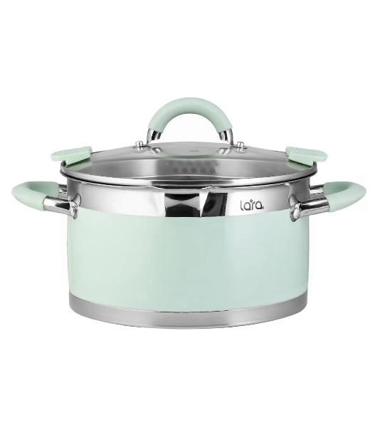 Кастрюля LARA LR02-545 MINT 26x14 см, 7,2 л, носик, индукционное дно, крышка с бортом, нержавеющая сталь