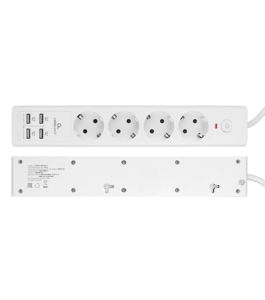 Сетевой фильтр Cablexpert Exnovo EXN-4-U4-W-2, 4 р, 16А, 4хUSB, 3.4A, 2 м, ур.защиты 4+, белый, коробка