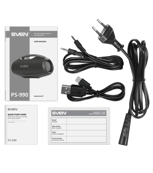 Портативная акустическая система SVEN PS-990, черный, 2.0, 2x90 Вт (RMS), IPx7, TWS, Bluetooth, USB, аккумулятор