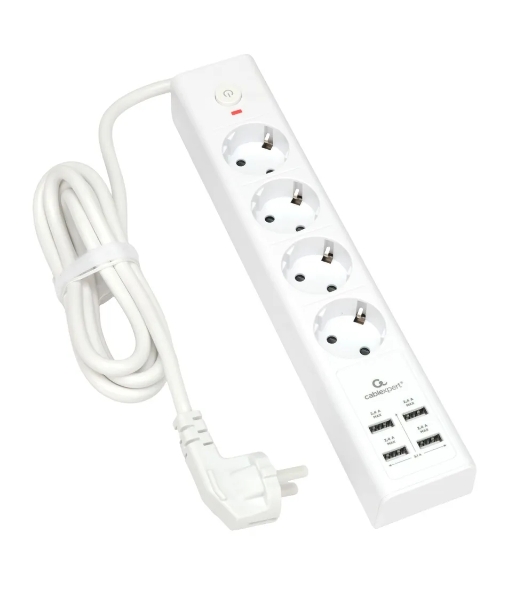 Сетевой фильтр Cablexpert Exnovo EXN-4-U4-W-2, 4 р, 16А, 4хUSB, 3.4A, 2 м, ур.защиты 4+, белый, коробка