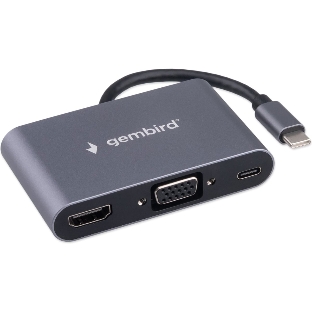 USB-концентратор Gembird UHB-D8, USB Type-C, PD100W, Jack 3,5, HDMI, VGA, USB Type-C