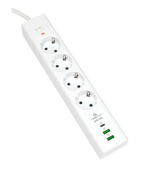 Сетевой фильтр Cablexpert Exnovo EXN-4-CU2-W-2, 4 р, 16А, 1xType-C PD, 30Вт, 2хUSB, 2 м, ур.защиты 4+, белый, коробка