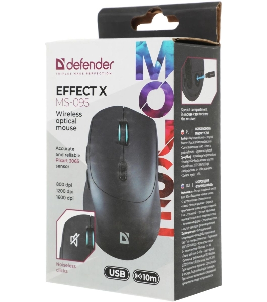 Мышь беспроводная Defender Effect X MS-095 черный, 1600 dpi, радиоканал, USB, кнопки - 6