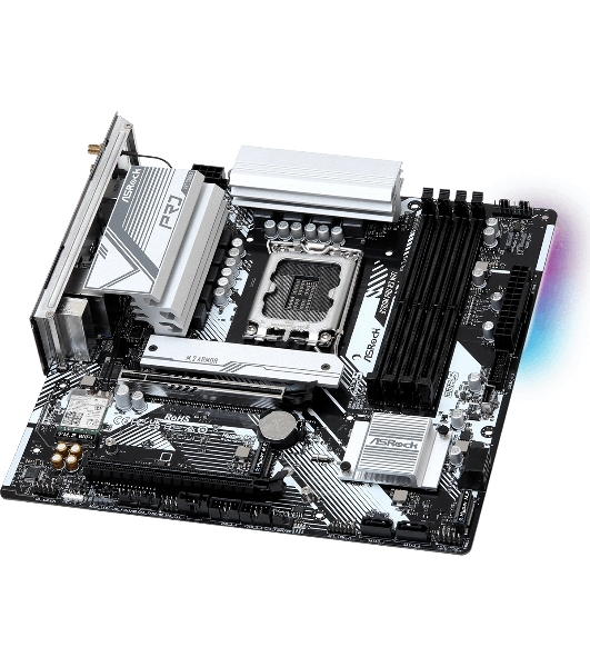 Материнская плата ASRock B760M Pro RS WiFi, LGA 1700, Intel B760, 4xDDR5, 4xSATA, 3xM.2, 1xPCIe 5.0 x16, 1xPCIe 3.0 x16, 1xHDMI, 1xDP, 1x2.5Gb LAN, Wi-Fi 6E, Bluetooth 5.3, 1xUSB-C 5Gbps, 3xUSB-A 5Gbps, 2xUSB-A 2.0, 3x3.5 мм, 7.1, mATX