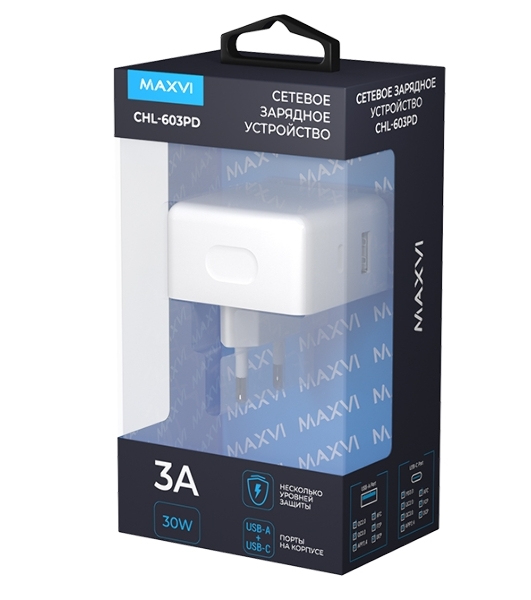 Сетевое зарядное устройство Maxvi CHL-603PD Type-C\USB 30W 6A (3A+3A) PD QC3.0, белый
