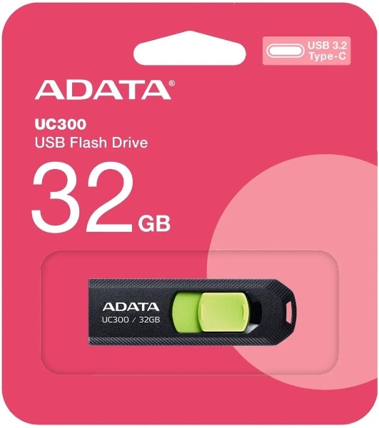 Флешка USB ADATA UC300 (ACHO-UC300-32G-RBK/GN), 32Gb, Type-C USB 3.2, R/W 100/30, черный/зеленый