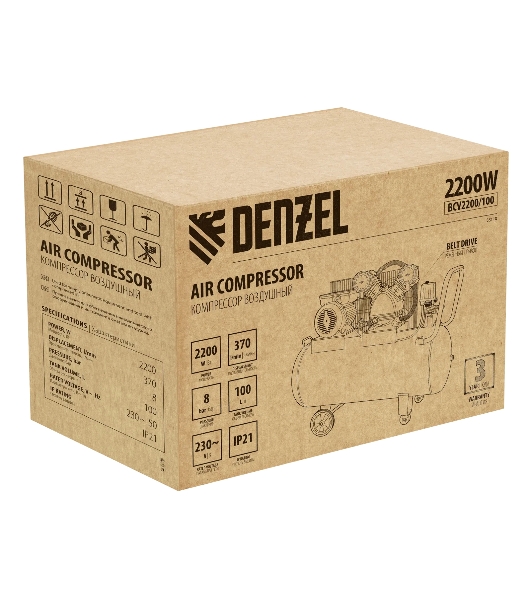 Компрессор воздушный Denzel BCV2200/100 рем. привод, 2,2 кВт, 100 л, 370 л/мин