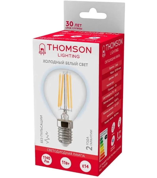 Лампа светодиодная филаментная Thomson TH-B2338 E14, шар, 11Вт, 6500К, белый холодный, 1 шт.