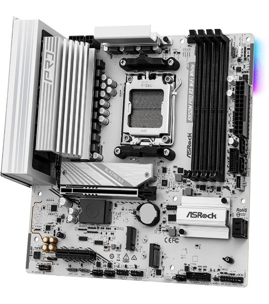 Материнская плата ASRock B850M Pro RS WiFi White, AM5, AMD B850, 4xDDR5, 4xSATA, 3xM.2, 1xPCIe 5.0 x16, 1xPCIe 4.0 x4, 1xHDMI, 1xDP, 1x2.5Gb LAN, Wi-Fi 6E, Bluetooth 5.3, 1xUSB-C 10Gbps, 1xUSB-A 10Gbps, 2xUSB-A 5Gbps, 4xUSB-A 2.0, 3x3.5 мм, 7.1, mATX